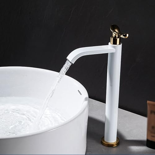Robinet Lave Main Eau Froide Cascade Blanc Mitigeur de Lavabo Haut Monocommande Robinets de Lavabo pour Salle de Bain,Blanc + Or