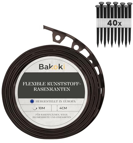BAKOKI Bordure de pelouse Flexible (10 m | 40 piquets d'ancrage | 4 cm de Hauteur) - en Plastique Marron résistant aux intempéries - Bordure de Parterre de Fleurs - Bordure de Tonte