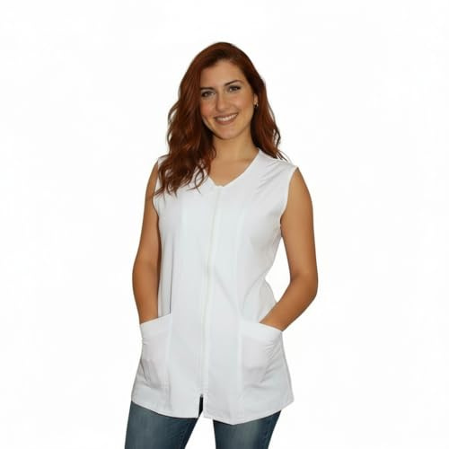 Camice da lavoro donna,giromanica,casacca per operaia,Maestra, Imprese Pulizia, Grembiule per fruttivendolo,gastronomia (Bianco con zip, XL)
