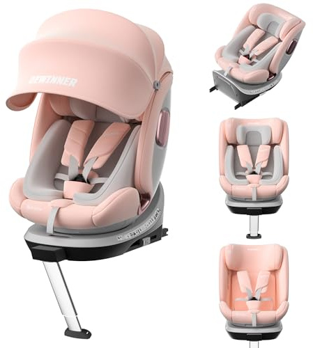DEWINNER Sillas de Coche ISOFIX,I-Size 40-150 cm (0-36 kg),Silla Coche Bebé Grupo 0+/1/2/3, 5 Puntos Sillas de Coche Giratoria 360, RWF, FWF, Ajustable,Techo Anti-UV y Pata de Apoyo, ECER129 (Rosa)