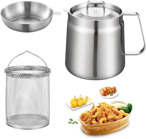 Eidoct Deep Fat Fryer with Basket & Strainer, Home Deep Fryer Pot | Stainless Steel Oil-Residue Separator with Frying Basket Strainer, Kitchen Deep Fryer and Canister for Storing Frying (2L)