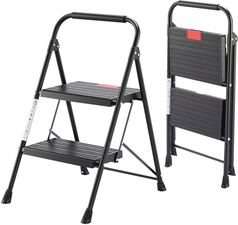 Sweetcrispy Trittleiter 2 Stufen klappbar, Klapptritt für Zuhause, stabile Anti-Rutsch-Leiter mit Handlauf, kompakte & leichte Klappleiter, bis 150 kg belastbar, ideal für Haushalt & Büro, Schwarz
