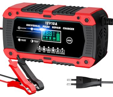 Autobatterie Ladegerät 10A Batterieladegerät 12V Mit LCD Bildschirm Temperaturkompensation Rekonditionierungsmodus Intelligentes Ladegerät Autobatterie für LiFePO4, Blei Säure und AGM Batterien