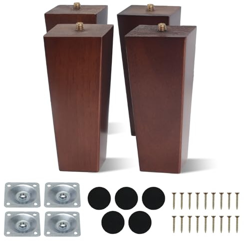 COEWUR 4 PCS 12 cm Möbelfüße Holz, Möbelbeine aus Holz Tischbeine Vierkant Möbelbeine Massivholz Beine Sofa Ersatzbeine mit Montageplatten Schrauben Filzgleiter für Bett Schrank Stuhl Walnussfarbe