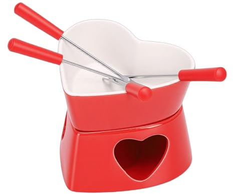 Fockety Juego de Fondue de Cerámica en Forma de Corazón, Romántica Olla para Fondue de Chocolate y Queso con Diseño Extraíble para Mojar Frutas, Malvaviscos, Pan, Ideal para Citas