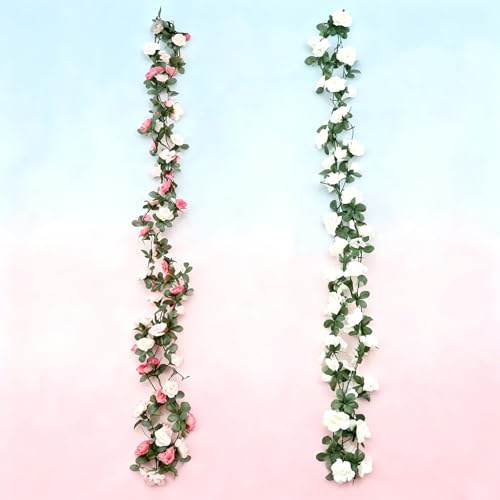 Tivleed 2-Pack Rose Flower Garland (2, White/Pink, 4.6 Feet)