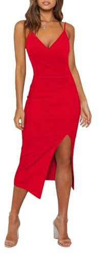 MISSJOY Women's Sexy V Neck Spaghetti Strap Sleeveless Faux Wrap Ruched Bodycon Midi Side Slit Cocktail Party Dress