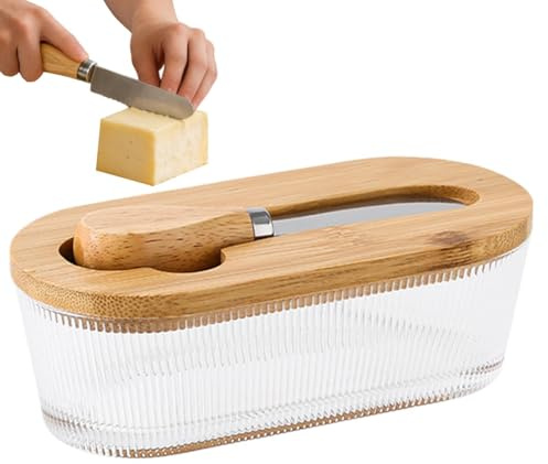 Mantequillera - Madera Y Vidrio 17x8.2x6cm | 300ml Con Tapa Y Raspador Vintage | Recipiente Queso Para Frigorífico - En Cocina Hogar Oficina Dormitorio Picnic Encimera