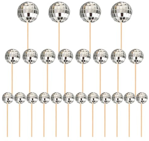 24pcs Pre-assembled Disco Ball Cake Decorations with Wooden Sticks, Silver Mirror Ball Cake Toppers in 3 Sizes for 70s Disco Theme Cake, Birthday, Wedding, Festival Party Decor