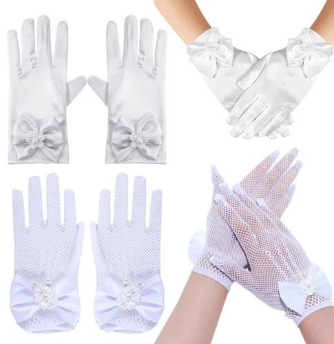 FOSDICK 2 Paia Guanti Bianchi Donna Corti, Eleganti Guanti Pizzo con Fiocco, Guanti Sposa in Raso con Perla per Guanti da Sera per Matrimonio, Prom, Tea Party, Comunione e Cerimonia