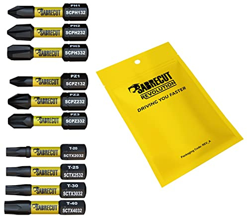 SabreCut 10pcs SCRK32 32mm TX20 TX25 TX30 TX40 PH1 Impact Schrauberbits | Geschmiedete Präzisionsspitzen und wärmebehandelter Torsionsstahl verbessern Schlagfestigkeit und Haltbarkeit