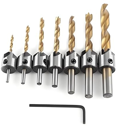 Senker Bohrer Set Holzbohrer Mit Senker Kohlenstoffstahl Holzbearbeitung Senkbohrer Set Rundschaft Reibahle Bohrwerkzeug Mit Inbusschlüssel (7pcs,3-10mm)