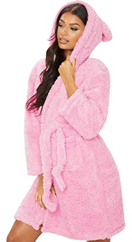 MINASAN Peignoir court à capuche pour femme - Peignoir de sauna moelleux - Vêtement de nuit en polaire - Robe de chambre avec oreilles - Avec capuche, Rose, L