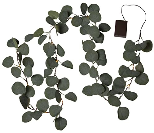 LED Lichterkette Eukalyptus - 20 warmweiße LED - L:180cm - Batteriebetrieb - Timer - grüne Blätter