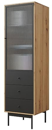 Mirjan24 Vitrine Bartise 1D3SZ, Standvitrine, 2 Glaseinlegeböden und 3 Schubladen, Metallfüße, Vitrinenschrank für Wohnzimme, Glasvitrine (Artisan Eiche/Schwarz, mit weißer LED Beleuchtung)