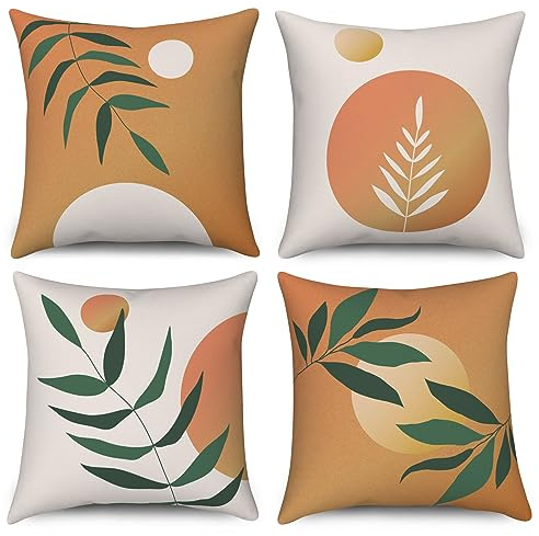 ASDCXZ Boho Kissenbezug 40x40 cm 4er Set, Modern Abstrakt Grün Blätter Sonne Orange Sofa Dekokissen Kissenbezüge Kissenhülle Waschbar Polyester Flachs Textil Polster Kopfkissenbezug Kissen Bezug