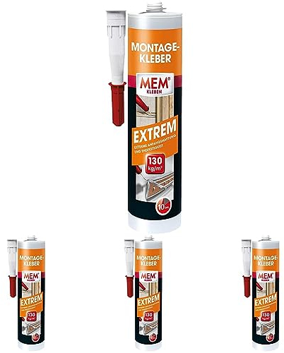MEM Montage-Kleber Extrem, Pastöser Dispersionsklebstoff, Hohe Anfangshaftung und Endfestigkeit, Für verschiedene Untergründe, Lösemittelfrei, 380 g-Kartusche, Weiß (Packung mit 4)
