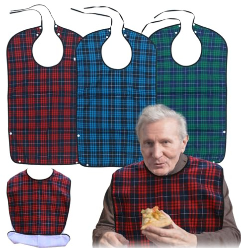 Exmagous Adult Bibs for Men Pack of 3 - Reusable Bibs for Adult Eating, Clothing Protector with Crumb Catcher, Waterproof & Machine Washable Large Bids for Elderly Seniors Gifts for Men/Dad/Father
