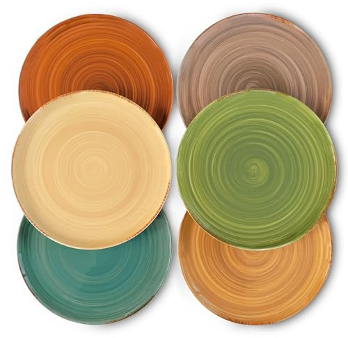 Mora Helix Lot de 6 assiettes plates modernes en porcelaine spirale pour cuisine, service et restaurants – Passe au lave-vaisselle, micro-ondes, congélateur, four – Couleurs terre terre 25,4 cm