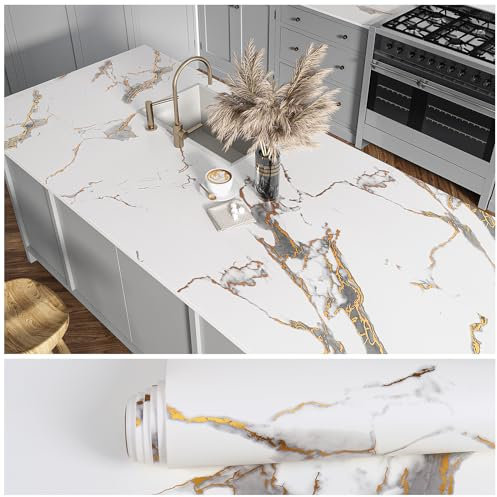 VEELIKE Luxurious White Gold Marble Wallpaper Matte Grey White Marble Vinyl Wrap for Kitchen Worktop Covering Vinyl Self Adhesive Marble Effect Contact Paper for Countertops Bathroom 40cm×300cm