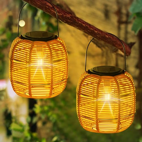 2 Stück Solar Lampion Outdoor Solar Laterne Wasserdichte Solarlaterne,Vintage Boho Rattan Hängelampe Gartenleuchten Draußen,Außen Laternen Lampions Wetterfest für Balkon Solarlampen Garten Deko