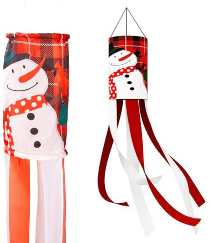GORGECRAFT 51 Zoll Schneemann Windsack Flagge Weihnachtsthema Winter Windsack Hängende Dekoration Für Den Außenbereich 3D Orange Rot Polyester Luftschlangen Flaggen Für Weihnachten Feiertage Party