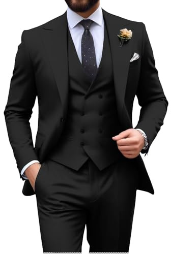 Mens Black Suit Slim Fit 3 Piece Double Breasted Suit Men Formal Wedding Groom Tuxedo Suit Blazer Vest Pants Set Medium