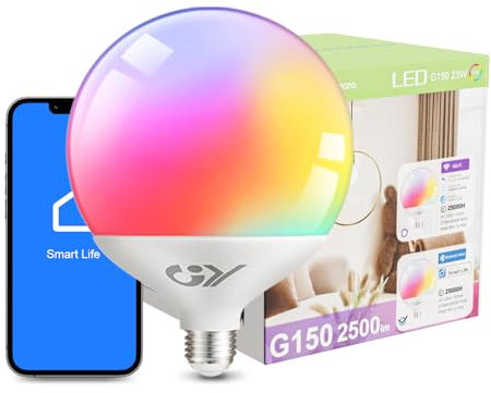 GY Ampoule Connectée Bluetooth Mesh LED E27 G150 18W 2880LM(EQ≈200W), Intelligente Dimmable Ampoule Multicouleurs RGB + Blanc Chaud/Froid 2700K-6500K,Mode Musique，Protégez vos Yeux,Lot de 1