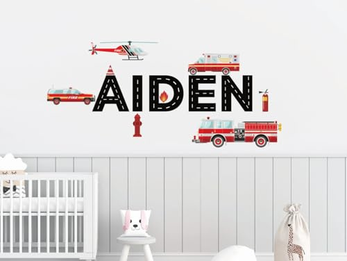 Personalized Firetruck Wall Decal - Transportation Wall Decals - Firefighter Vehicle Wall Sticker - Emergency Vehicles Stickers for Boys Room - Kids Name Fire Trucks Wall Decals for Bedroom