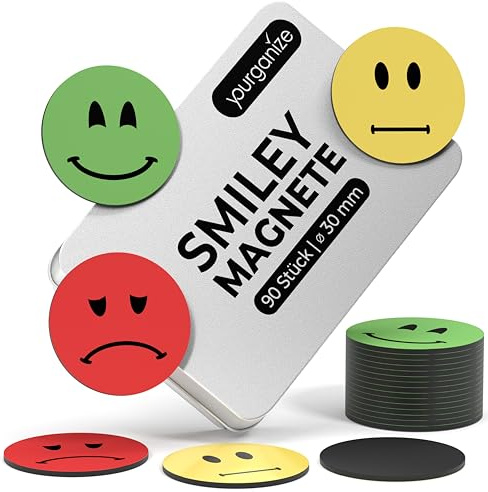 YOURGANIZE® 90 Smileys Magnete | ⌀ 30mm | Ideal als Belohnungssystem für Kinder, Lehrer Zubehör, Feedback-Tool | Magnet Smileys in Ampelfarben