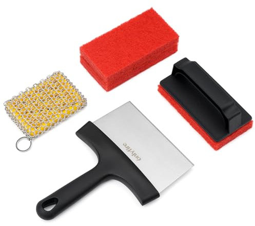 onlyfire Kit de Nettoyage pour Poêle et Plaque en Fonte au Crêpière, Comprenant 1 Grattoir Plancha en INOX Professionnelle, 1 Éponge en Maille INOX pour Fonte, 3 Éponge de Nettoyant et 1 Poignée Fixe