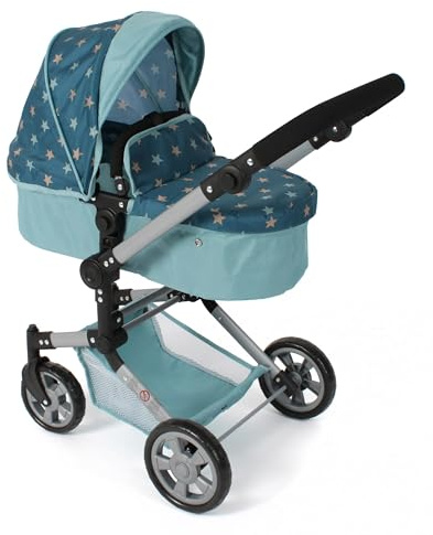 Bayer Chic 2000® Poussette de poupée combinée Linus - Étoiles turquoises - Pliable, poignée réglable en Hauteur 47-78 cm - Poupées jusqu'à 52 cm, 4-8 Ans