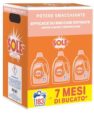 Sole Detersivo Lavatrice Potere Smacchiante 183 Lavaggi, Formula igienizzante, Detersivo Lavatrice Liquido Potere Smacchiante, rimuove le macchie a basse temperature