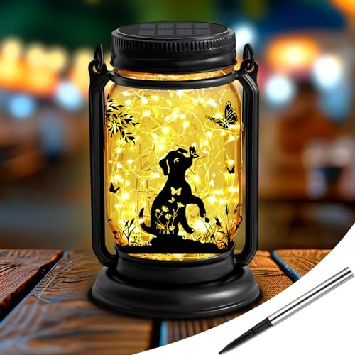 YJFWAL Hund Solar Outdoor Laternen wasserdicht, Hund für Frauen Mutter Weihnachten, 3-in-1 Maurer Glas hängende Laternen mit Stake, Garten Dekor Lichter für Patio Hof Veranda Rasen Balkon