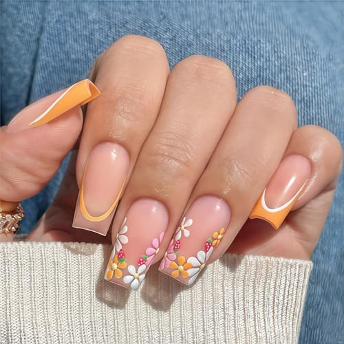 Shimmerz 24 Pieces Orange French Tip Long Square False Nails, Squoval Artificial Nail Art Summer Floral Design, Stick-on Nails for Ladies Girls
