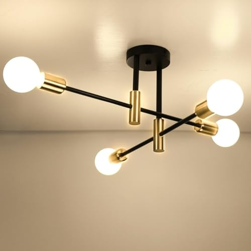 LIGINOK Sputnik Lustre Industriel,4 Lumières E27 Lampe Suspension Vintage en Métal, Moderne Lustre Plafonnier pour Salon Chambre Cuisine,Noir et Or(Sans ampoules)
