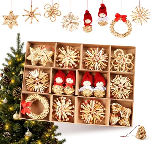 Strohsterne Weihnachtsbaum, 38 Stück Weihnachtlicher Baumschmuck Stroh Anhänger Strohstern, Christbaum Schmuck Strohanhänger natürlicher Christbaumanhänger Weihnachtsdeko