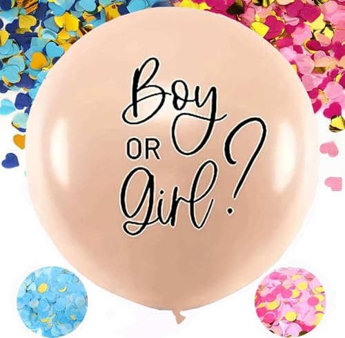 Gender Reveal Ballon XXL, 36 pollici, genere, balloon boy or girl, palloncino con coriandoli rosa, blu, genere, grande palloncino in lattice decorazione baby shower party (beige)