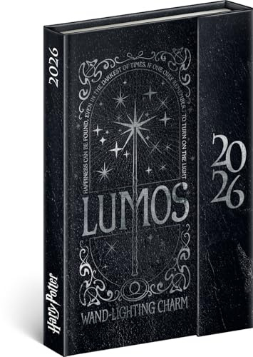 NOTIQUE Möteskalender 2026 – minifickplanerare ca A6 med magnetisk stängning, kompakt veckokalender 11 x 16 cm, inbunden bokkalender med månadsöversikt (Harry Potter – Lumos)