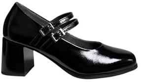 PITILLOS - Mercedita Tipo Mary Jane,Tira con Cierre de Hebilla Doble,Bailarina de Piel,Charol,con Brillo,tacón para: Mujer Color: Negro Talla:36