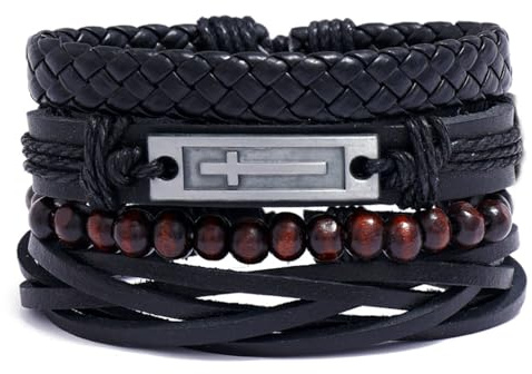 Ticome 4Pcs Adjustable Leather Bracelets Set For Men Women,Cross Layered Charm Woven Leather Cuff Wrap Bracelet Set,Creative Tribal Wristbands Jewelry Fashion Accessories Gift