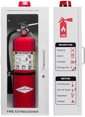 5 lb Fire Extinguisher Cabinet with Alarm, Lock, & Breakable Acrylic Window | Wall or Surface Mount | Fits up to 5 lb Extinguishers | Fire Safety Instructions Included (5 lb) (White)