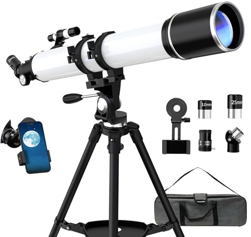 FAMIROSA Teleskop för vuxna astronomi, 90 mm bländare 900 mm professionella refraktorteleskop för barn och nybörjare, förstoring 36X-270X, med telefonadapter, stativ och bärväska (vit)