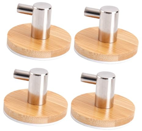 SEWOART 4pcs Strong Adhesive Wall Hanging Hooks Bamboo Color Stainless Steel Coat and Towel Holders for Bathroom Kitchen Bedroom Multi-Surface Use