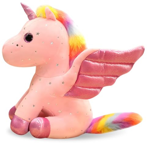 YUPDFGB Plüschtier Einhorn Puppe, Glänzende Mehrfarbig Regenbogen Engel Einhorn Pegasus Plüschtier, Weiches Geburtstagsgeschenk für Baby, Kleinkind, Kinder(Rosa,22cm)