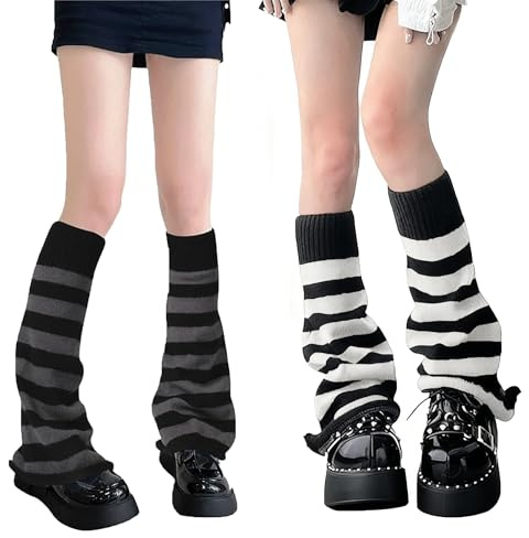 Ljunfcl 2 Paar Y2K Beinwärmer Stulpen für Damen & Mädchen, Schwarz graue Gestreifte KleinBeine Socken, Kawaii Gestrickte Beinstulpen, Beinstulpen Damen, Stiefel-Manschettenwärmer für Mädchen