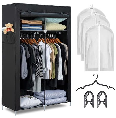 BILSOS Armario de tela105x45x165cm con 2 Barras para Colgar, 4 estantes, 3 Perchas Plegables y 3 Fundas, Armario ropero Tipo Burro Ropa Resistente - Closet Organizador