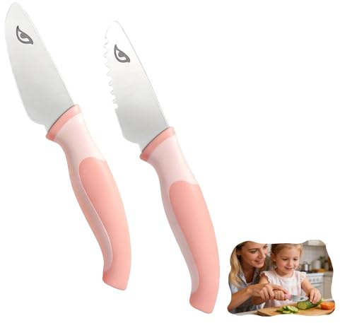 DealKits set de 2 cuchillos infantiles para cortar frutas y verduras, Rosa | Cuchillos con puntas redondeadas y mango ergonómico para manos pequeñas de niñas desde 3 años.