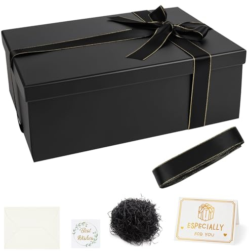 Alaoo Caja de Regalos Negro,29x21x10.5cm, Caja de Regalos Premium,Caja de Regalo Plegable con Tapa,con Lazo,Tarjeta Felicitación yRafia,Cajas,Plegable para Valentín, Navidad, Cumpleaños