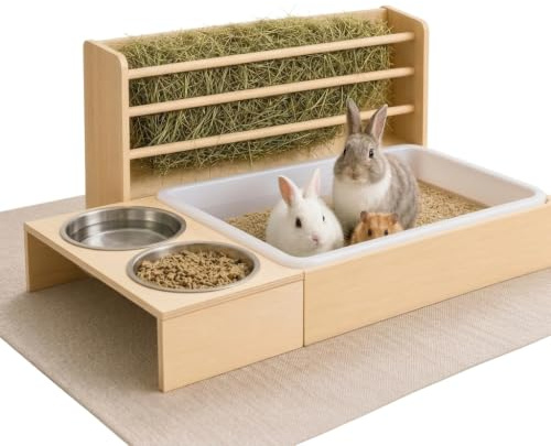 3-in-1 Heuraufe für Kaninchen mit Toilette & 2 Futternäpfen